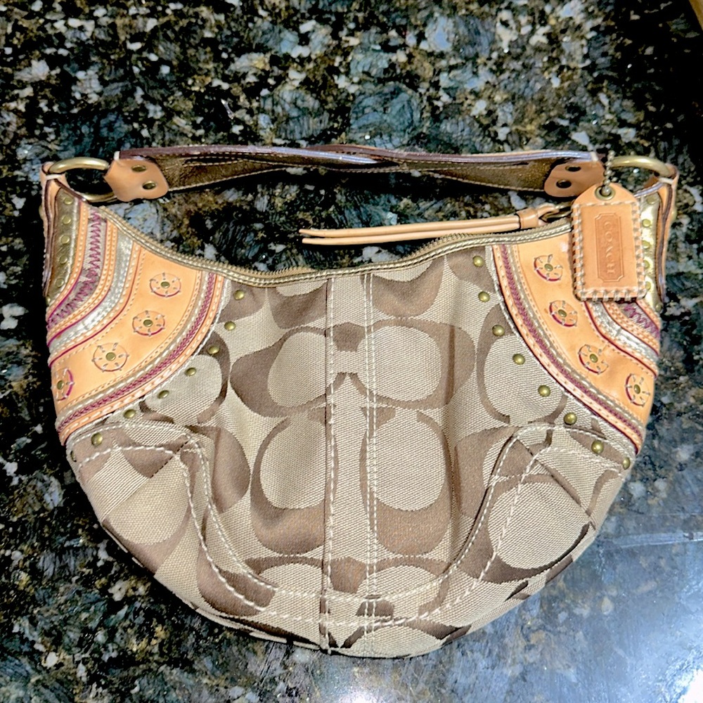 Rare COACH SoHo Mini Hobo Brown and Tan Shoulder Bag with Monogram Logo